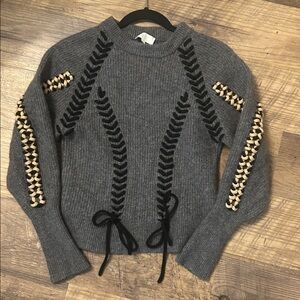 Lé AL X Gray Sweater with Black and Tan lace Accents